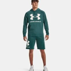 Under Armour Men's UA Rival Fleece Big Logo Hoodie Coastal Teal / Onyx White -Sport Style Shop v5 1357093 722 fsf